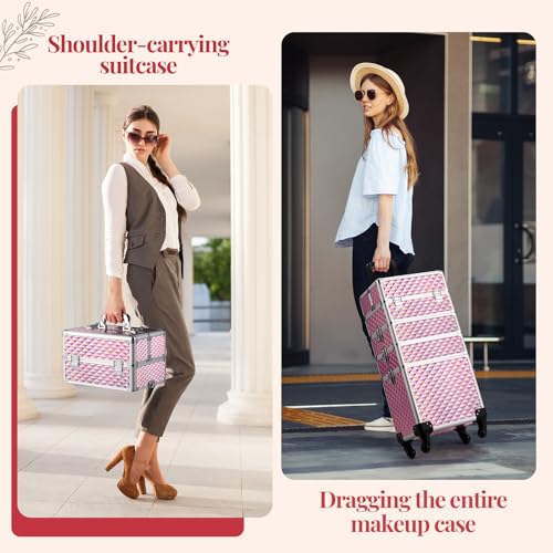 mefeir 4-in-1 Rolling Makeup Train Case Lift Handle,4 Removable Wheels Lockable Keys,Aluminum Cosmetic Trolley Beauty Stylist Artist Organizer Box,Ideal Xmas New Year Gift (Diamond Pink) - color: Diamond Pink