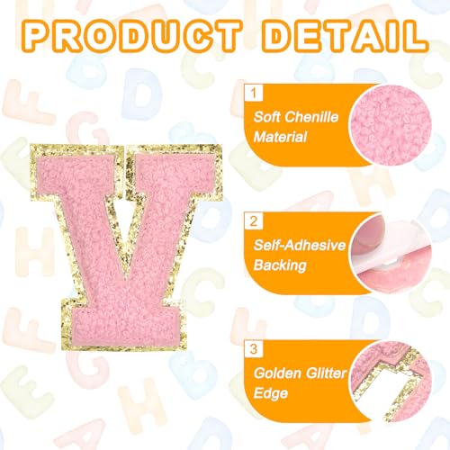 MECCANIXITY Chenille Letter Patches 2.2" Self Adhesive Alphabet V Stick on Embroidered Patch Sew on Letter Stickers Applique for Repairing Clothing Jeans Shoes Hats DIY(Pink, Pack of 6) - style: Letter-V