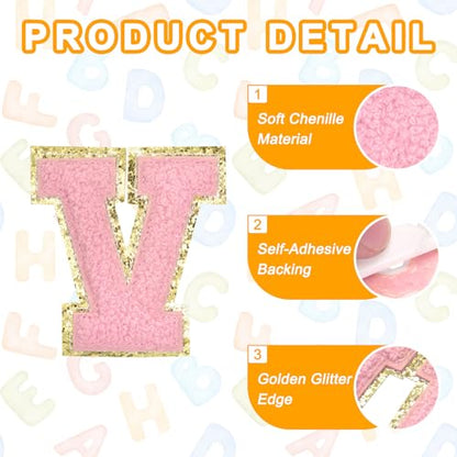 MECCANIXITY Chenille Letter Patches 2.2" Self Adhesive Alphabet V Stick on Embroidered Patch Sew on Letter Stickers Applique for Repairing Clothing Jeans Shoes Hats DIY(Pink, Pack of 6) - style: Letter-V