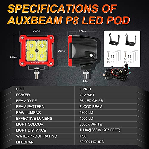 Auxbeam FA Series 3-Inch 40W Red Shell Offroad LED Pods Cube Ditch Lights | Flood Beam, 4800 Lumens, Off-Road Driving Lights, A-Pillar Hood Bumper, for 4WD Jeep Wrangler Ford F-150 Toyota 4Runner - color: Flood Beam, Red