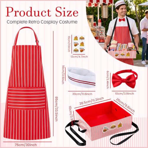 Adult 1950s Waiter Costume Kit for Men Women | Movie Night Worker Costume Set with Red & White Striped Apron Hat Bow Tie Polka-dot Scarf for Halloween 1950s Party Cosplay - color: Red - Men 5pcs