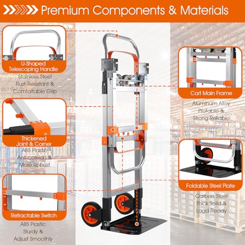 3 in 1 Folding Hand Truck Dolly Cart with Wheels Foldable Heavy Duty Moving Cart Aluminum Collapsible Hand Cart 600LBS Convertible Dolly for Moving Furniture Shopping Home Office Warehouse