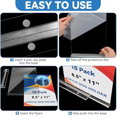 EHWINE 10 Pack 8.5 x 11 Acrylic Sign Holder, Clear Signs Display Holder Double-Sided Stand up Table Top Sign Holders Flyer Stand Frames Suitable for Office Business Store Hotels Party(Provide Non-slip Mats) | Clear Double-Sided Tabletop Display with Non-S