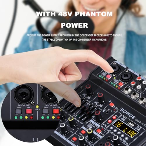 BOMGE 04M Audio Mixer, Sound Board Mixing Console with 4 Channel Digital USB Bluetooth 24 Sound Effect, Input 48V Phantom Power Stereo DJ Mixers for Recording, Live Streaming, Podcasting,Gaming
