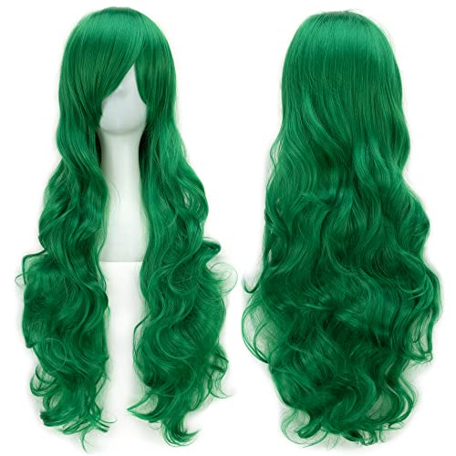 IMISSU 80cm Long Curly Natural Hair Cosplay Wig with Bangs Colorful Halloween Costume Party Wigs for Women (Bright Green) - color: Bright Green