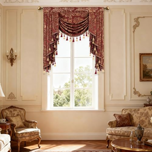 Leeva Waterfall Valance 39x45, Burgundy Damask Swag Curtains with Beaded Tassels, Rod Pocket Window Valance for Living Room Bedroom Kitchen - color: *Red, size: 39"W x 45"L (Pack of 1)