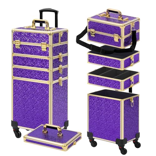 Somduy Rolling Makeup Case, Makeup Train Case with Lid, 5 in 1 Cosmetology Case on Wheels, Christmas Gift, Large Makeup Organizers, Profesional Cosmetic Case for Salon Barber, Purple Gold - color: Purple Gold