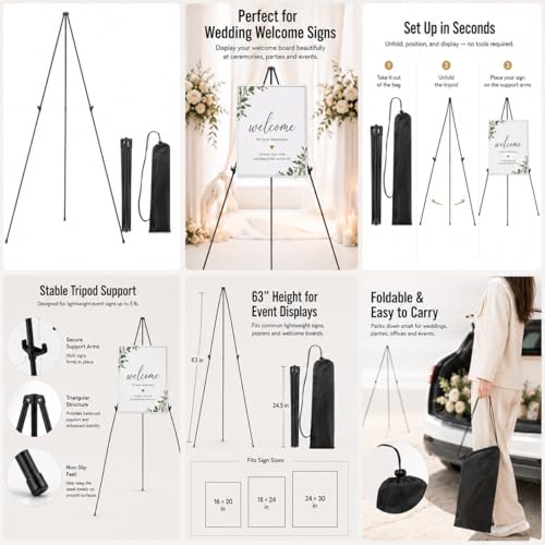 RRFTOK 3 Pack 63 in Sign Easel Stands, Instant-Fold Tripods with Bags | Instant-fold metal tripod with carry bag for welcome sign, poster display, foam board and floor use - style: 63B 3pack
