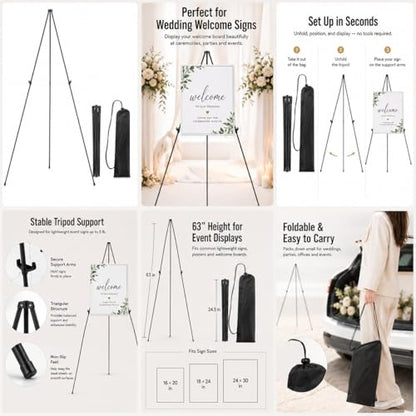 RRFTOK 3 Pack 63 in Sign Easel Stands, Instant-Fold Tripods with Bags | Instant-fold metal tripod with carry bag for welcome sign, poster display, foam board and floor use - style: 63B 3pack
