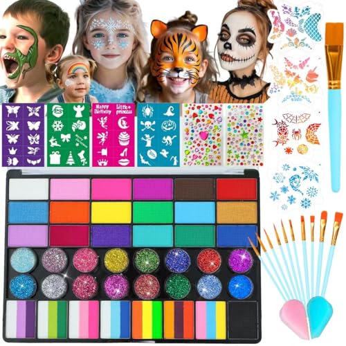 Face Painting Kit for Kids, 42 Colors Professional Face Paint Makeup Kit Non-Toxic Water Activated Facepaint Palette with Brush, Stencil, Sponge, Gem, for Party Halloween Christmas (42 Colors) - color: 42 Colors