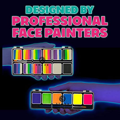 Kraze FX Neon Face & Body Paint Palette Set - Neon Pop 12 Split Cake Palette & 6 Neon Palette, Value Pack of Solid Neon Colors & Fun Neon Split Cakes with Brushes, Professional UV Painting Starter Kit - size: Neon Pop & Neon Face Paint Combo