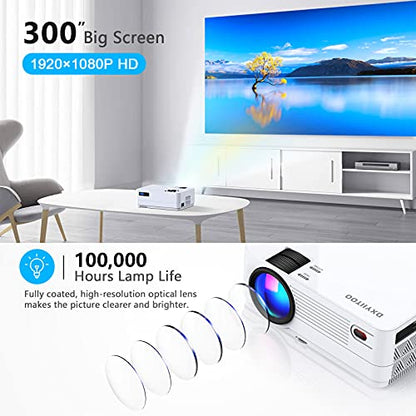 Native 1080P Projector with WiFi 6 and Two-Way Bluetooth, Full HD Video Projector for Outdoor Movies, 300" Display Projector 4k Home Theater, Compatible with iOS/Android/PC/XBox/PS4/TV Stick/HDMI/USB