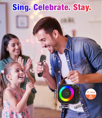 Mini Karaoke Machine, Portable Bluetooth Speaker with 2 Wireless Microphones for Kids & Adults, Karaoke Microphone with LED Lights, Gifts for Girls & Boys - color: Black