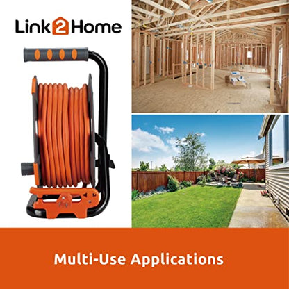 Link2Home 80 Ft. Extension Cord Reel, 4 Power Outlets, 14 AWG SJTW | Heavy-duty cable, high-visibility jacket, ideal for job sites and garages - size: 80 feet
