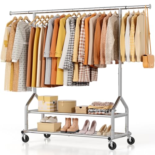 EAGMAK Heavy Duty Clothes Rack Load 556 LBS, Rolling Clothing Rack With Shelves, Height Adjustable Metal Clothes Hanger with Wheels Portable Wardrobe Organizer Garment Rod for Hanging Clothes (Silver) - color: Silver, style: 2 Shelves