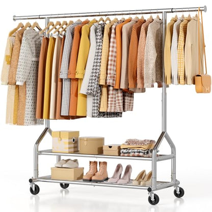EAGMAK Heavy Duty Clothes Rack Load 556 LBS, Rolling Clothing Rack With Shelves, Height Adjustable Metal Clothes Hanger with Wheels Portable Wardrobe Organizer Garment Rod for Hanging Clothes (Silver) - color: Silver, style: 2 Shelves