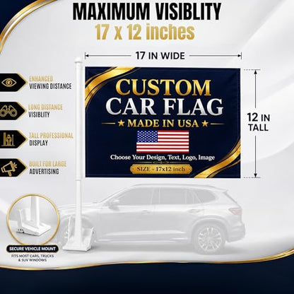 Custom Car Flag Pole by BCB Personalized Flag Banner Printed in USA | 12x17 Inch Personalized Flag with Photo, Flags for Car Windows, Car Window Flag Holder, Flags for Cars, Weather Resistant - color: Car Flag