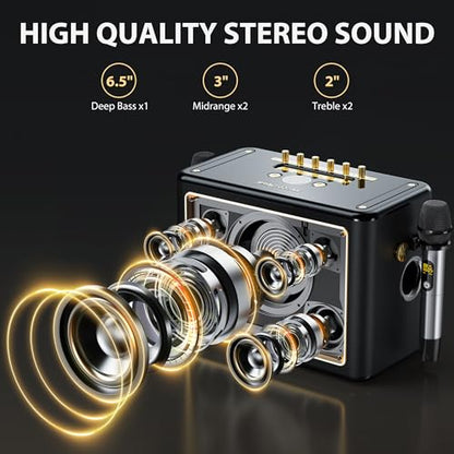JYX Karaoke Machine with 2 Wireless Microphones, Portable Bluetooth Singing PA System Bass/Treble Adjustment, Supports TV Connetion/Bluetooth/USB/TF/AUX for Home Party - color: Gold