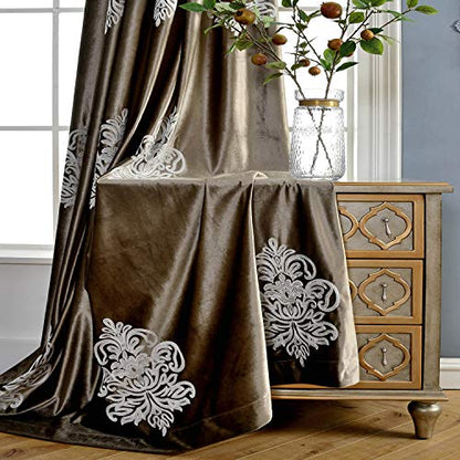 VOGOL Super Soft Luxury Velvet Blackout Curtains, Grommet White Flower Embroidered Soft Chocolate Brown Flannel Draperies for Living Room, 52 x 96 Inch, 2 Panels, Noise Reduction - size: 52"W x 96"L (Pack of 2)