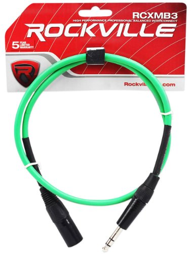 Rockville RCXMB3G Green 3' Male REAN XLR to 1/4" TRS Cable, 100% Copper | Patch Cable, Balanced Audio, Nickel Plated, 24 AWG OFC, 90% Spiral Shield, EMI/RFI Rejection, Flexible, Low Noise - color: Green