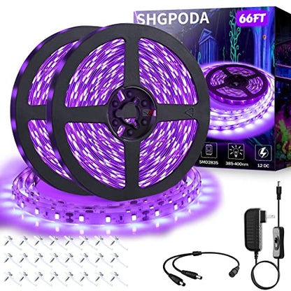 66ft/20M LED Black Light Strip Kit, 1200 Units Lamp Beads, 385nm-400nm, 12V Flexible Blacklight Fixtures, 20M LED Ribbon, Non-Waterproof for Indoor, Birthday, Dark Party, Halloween, Christmas