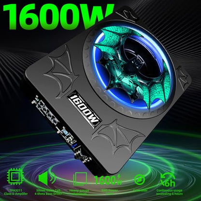1600W Car Subwoofer, 10" Ultra-Thin Powered Under-Seat Subs with Built-in Amplifier, (LPF/Gain/Bass Boost) LED Ambient Lights, Independent Bass Knob, Distortion-Free Deep Bass for Most Vehicles - color: Green BF