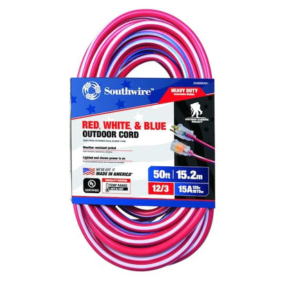 Southwire Heavy Duty Extension Cord, 50Ft, 12 Gauge, 3 Conductor, Outdoor Cord, Lighted End, SJTW, Red/White/Blue, 2548SWUSA1 - size: 50 ft