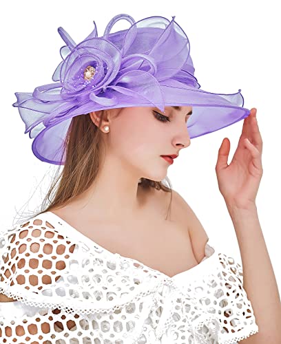 Women Derby Fascinator Hat Organza Church Wedding Hats Wide Brim Cocktail Tea Party Hat - color: 08 Purple