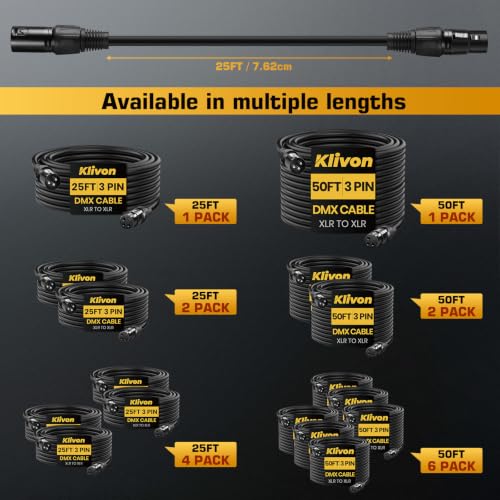 DMX Cable 25ft 4 Pack, Klivon 3-Pin DMX Signal Cables for DMX512 Light - size: 3 Pin 25 FT 4 Pack
