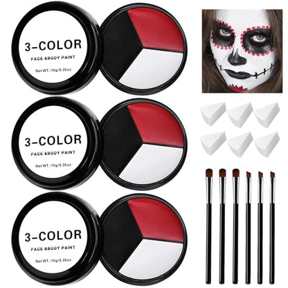 3 Set Black White Red Face Body Paint, 3-Color Joker Face Body Paint | Clown Makeup Kit with Sponge and Brush, Halloween Cosplay Costume Makeup Set for Special Effect Party Supplies - color: Red,black & white