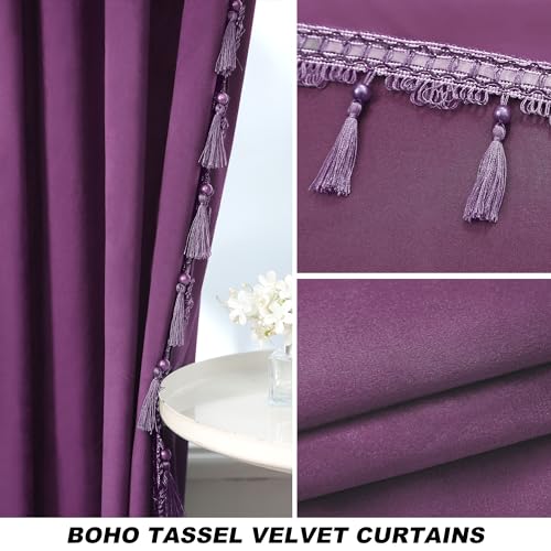 Fazhesici Purple Velvet Blackout Curtains, Rod Pocket 2 Panels, 52”W x 72”H | Velvet Drapes with Tassels, Thermal Soundproof Blackout Curtains for Living Room - color: Purple, size: 52"W x 72"L (Pack of 2)