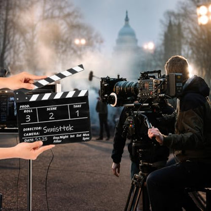 Film Slate Clapper Board, Acrylic Black Movie Directors Clapboard | 9.6 x 11.7 In Movie Clapboard Cut Action Scene Prop for Photography and Video Shooting, Comes with Magnetic Eraser and 2 Pens