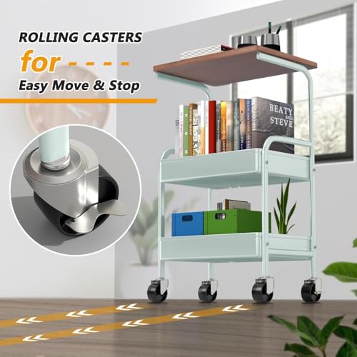 Rolling Cart with Wooden Tabletop, 3 Tier Metal Utility Cart, Rolling Storage Organizer Cart with Lockable Wheels for Kitchen, Office, Bedroom (Green) - color: Green