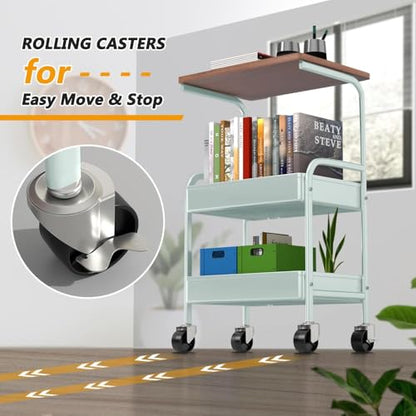 Rolling Cart with Wooden Tabletop, 3 Tier Metal Utility Cart, Rolling Storage Organizer Cart with Lockable Wheels for Kitchen, Office, Bedroom (Green) - color: Green