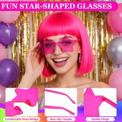Short Bob Straight Hair Wigs with Bangs, Heat Resistant Fiber Hair, Star-shaped Glasses for Women (Hot Pink) - color: Hot Pink