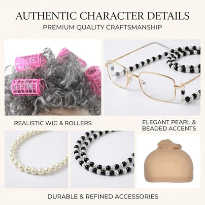 MAQIHAN Old Lady Wig Costume Set - Gray Granny Wig with Rollers Glasses | Funny Grandma Cosplay Accessories with Pearl Necklace for Women, Halloween 100th Day of School Party Theater Dress Up - color: Light Grey