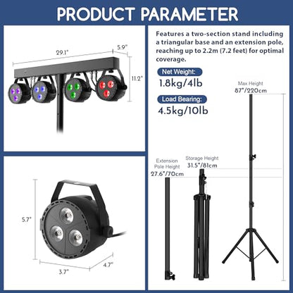 Stage Lights with Stand 120W, Professional DJ Lights Package, RGBW LED 4-Par Gigbar with DMX & Sound-Activated Stage Lighting System for DJs Band Party Wedding Church & Concert, 7FT Tripod