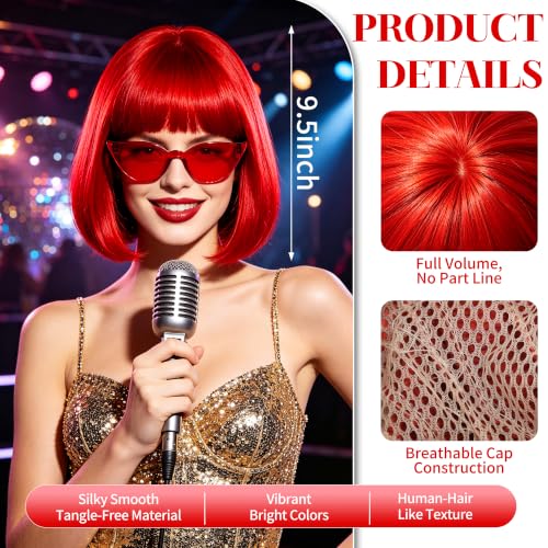 Short Bob Straight Hair Wigs with Bangs, Synthetic Fiber Colorful Hair, Cat Eye Glasses for Women (Red) - color: Red
