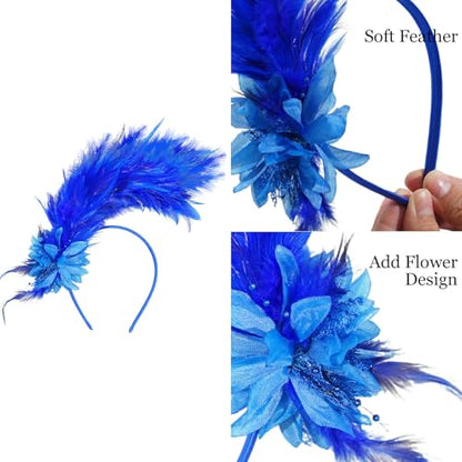 Loieryk Feathers Fascinator Headband 1920s Queen Headpiece Fascinators Hats for Women Tea Party Flower Headpiece - color: Blue