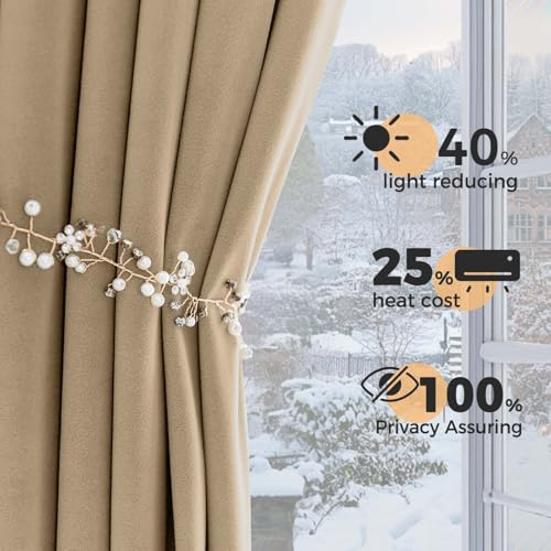 Lazzzy Cream Blackout Velvet Curtains 84 Inch Length Pinch Pleated Thermal Insulated Room Darkening Drapes Luxury Back Tab Window Treatments for Bedroom Living Room 2 Panels, 52 x 84 Inch, Latte - color: Latte, size: 52"W x 84"L (Pack of 2)