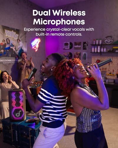 Soundcore Rave 3S AI 파티 스피커, Anker, AI 보컬 제거, 200W 사운드 | 무선 마이크 2개 포함, 리버브, 라이트 쇼, 12시간 재생, 가정, 파티 또는 뒷마당용 휴대용 블루투스 PA 시스템