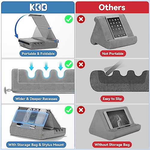 KDD Tablet Pillow Holder, Foldable iPad Stand for Lap, Bed and Desk -Tablet Soft Pad Dock with Pocket & Stylus Mount Compatible with iPad Pro 12.9, 10.5, 9.7 Air Mini 6 5 4 3, Galaxy Tab, E-Reader - color: Grey