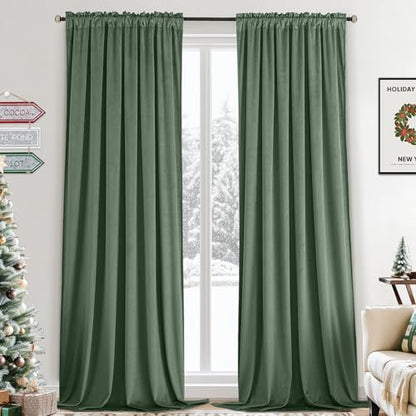 Yakamok Sage Green Room Darkening Velvet Curtains 84 Inch Living Room | Luxury soft velvet, 2 panels 52x84 inch,bedroom study, window drapes rod pocket,light blocking,Thermal Insulated - color: Sage Green, size: 52"W x 84"L (Pack of 2)