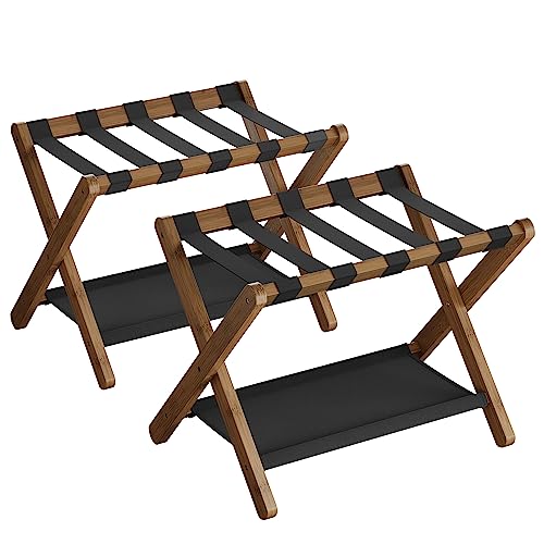 SONGMICS Luggage Rack, Set of 2, Folding Suitcase Stand with Storage Shelf, for Guest Room, Hotel, Bedroom, Heavy-Duty, Holds up to 131 lb, Walnut Brown URLR007D02 - color: Walnut Brown, size: 2 Pack
