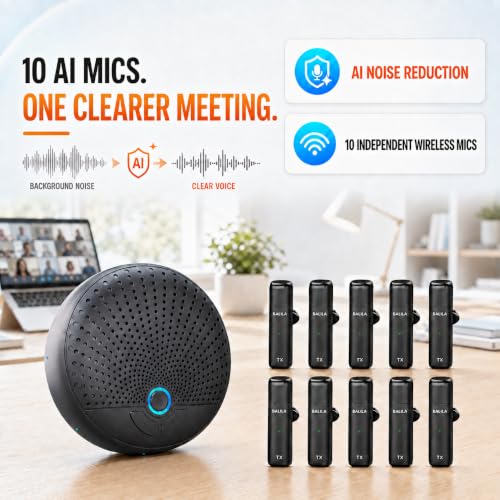 CM300 Conference Speaker with 10 Wireless AI Mics, 360° Pickup, 65FT Range, Noise Reduction, Echo Cancellation, Full Duplex USB Speakerphone for 10-Person Meetings, Zoom and Microsoft Teams - color: Black