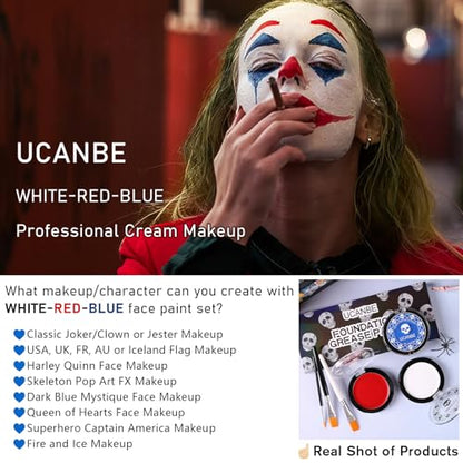 US Flag Red White Blue Joker Face Body Paint with Brushes for Halloween & 4th of July USA Independence Day America’s Patriotic Parades, Face Painting Kit for Adults Devil Dress-Up Costume Cosplay - color: Royal Blue+White+Red