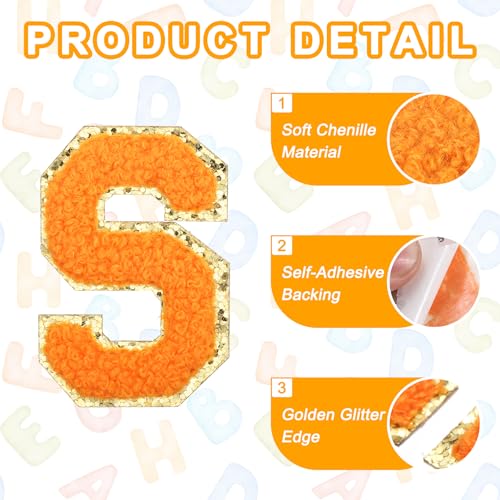 MECCANIXITY Chenille Letter Patches 2.2" Self Adhesive Alphabet S Stick on Embroidered Patch Sew on Letter Stickers Applique for Repairing Clothing Jeans Shoes Hats DIY(Orange, Pack of 2) - style: Letter-S