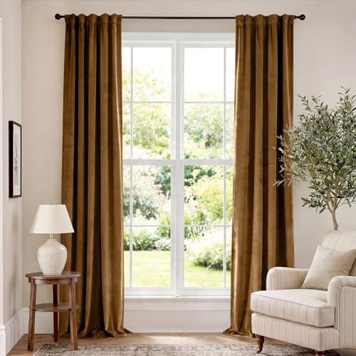 Lazzzy Extra Long Golden Brown Velvet Curtains 42×108 Inch 2 Panels | Soft Velvet, For Tall Windows & High Ceilings, Light Shifting Texture, Elegant Luxury Drape, Rich, Rod Pocket - color: R | Gold Brown, size: 42"W x 108"L (Pack of 2)