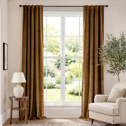 Lazzzy Extra Long Golden Brown Velvet Curtains 42×108 Inch 2 Panels | Soft Velvet, For Tall Windows & High Ceilings, Light Shifting Texture, Elegant Luxury Drape, Rich, Rod Pocket - color: R | Gold Brown, size: 42"W x 108"L (Pack of 2)