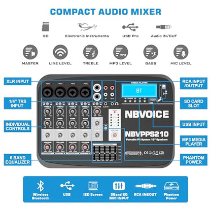 NBVOICE 10" 600W Professional PA System with Mixer DJ Bundle, Portabel Speakers 2-Way Wireless Bluetooth Sound System with USB SD XLR 1/4" RCA inputs-Home/OutdoorParty
